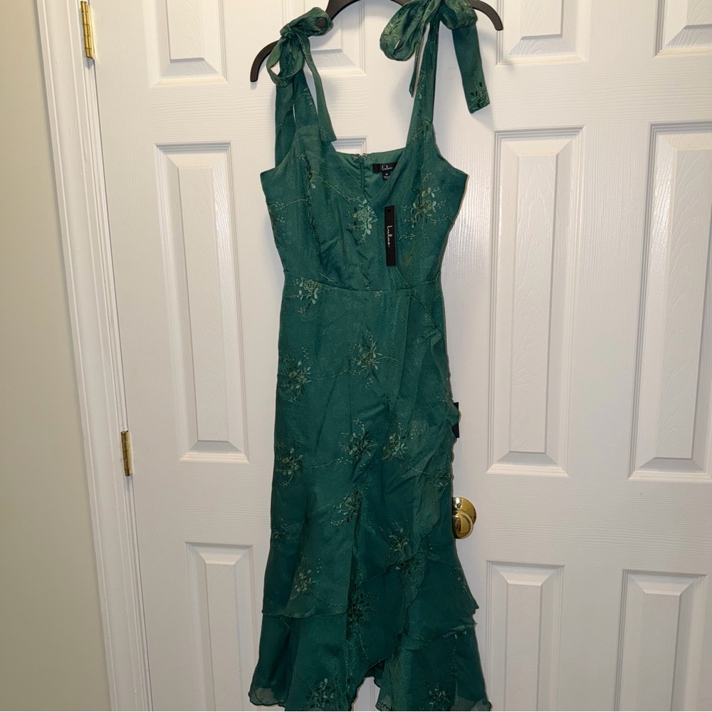 NWT ($79.00) Lulus Elegant Green Embroidered Ruffled Tie-Strap Midi Dress - Picture 6 of 8